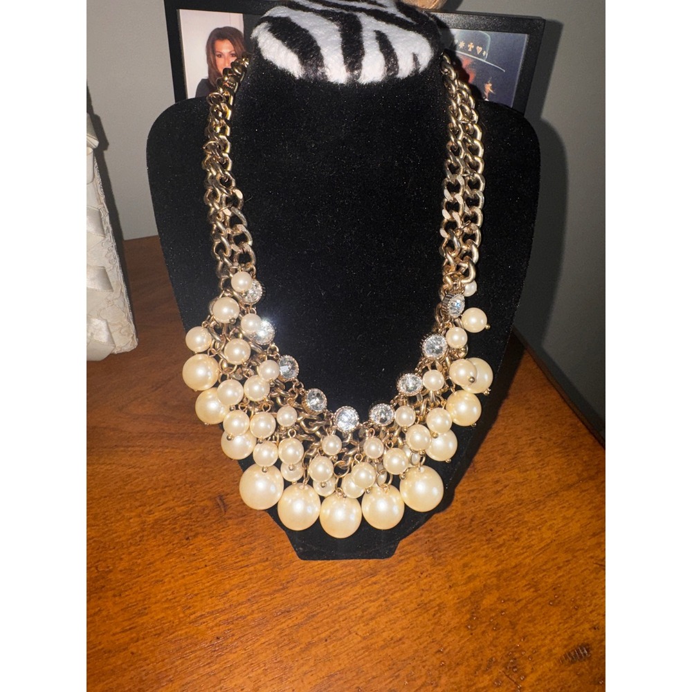 Chico's Gold Tone Faux Pearl Crystal Cluster Bib Statement Necklace Multi Chain
